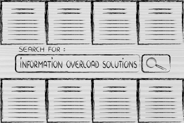 Documentos y barra de búsqueda, en busca de soluto sobrecarga de información —  Fotos de Stock