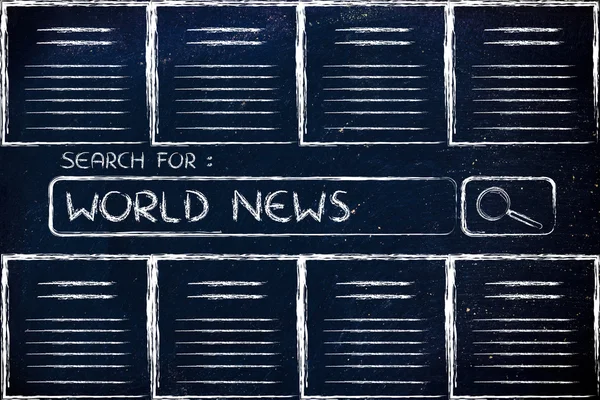 Documentos y barra de búsqueda, en busca de noticias del mundo — Foto de Stock