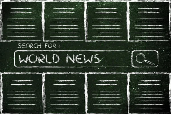 Documentos y barra de búsqueda, en busca de noticias del mundo — Foto de Stock