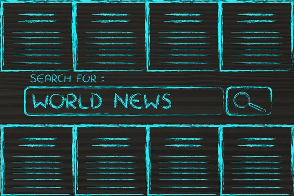 Documents and search bar, looking for world news — Stock Photo, Image