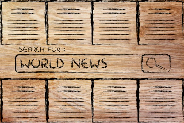 Documents and search bar, looking for world news — Stock Photo, Image