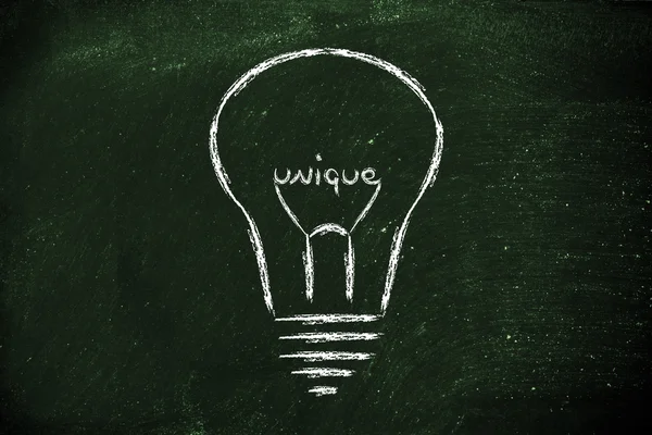 Lightbulb with filament saying Unique — Stock Photo, Image