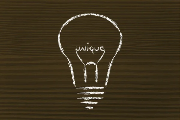 Lightbulb with filament saying Unique — Stock Photo, Image