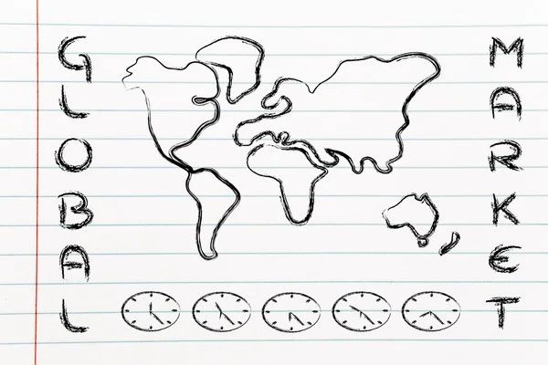 Mapa do mundo e relógios fuso horário, negócio indo global — Fotografia de Stock