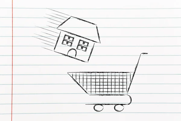 Real estate market,  house into shopping cart — Stock Photo, Image