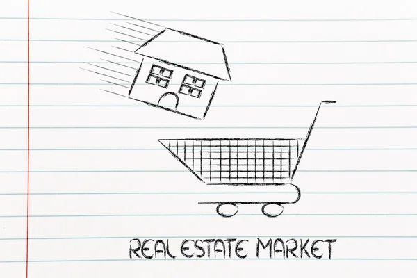 Real estate market,  house into shopping cart — Stock Photo, Image