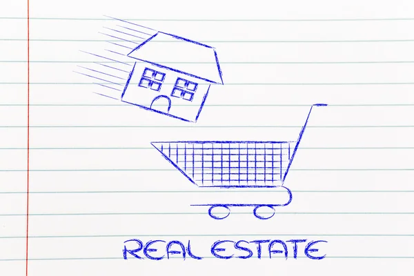 Real estate market,  house into shopping cart — Stock Photo, Image