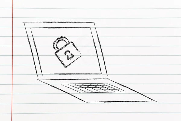 Dator med lock: internet security och konfidentiell information på webben — Stockfoto