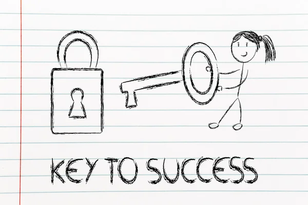 Find the key to success, funny girl character being successful — Stock Photo, Image