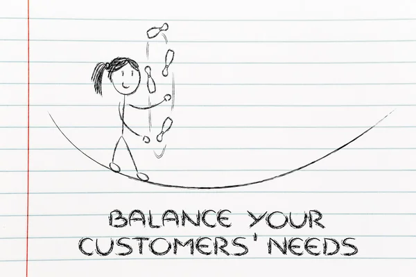 Balancing and managing customers' needs: funny girl juggling — Stock Photo, Image