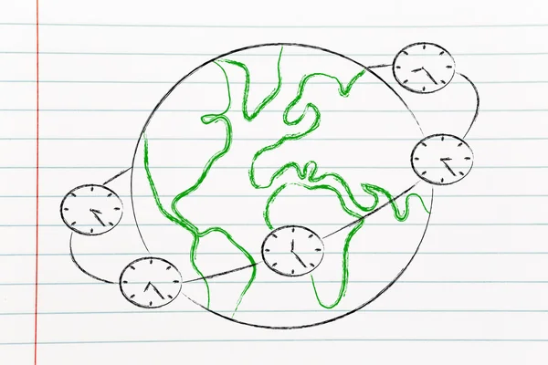 Global affärsverksamhet och tidszoner: klockor roterande runt om i världen — Stockfoto
