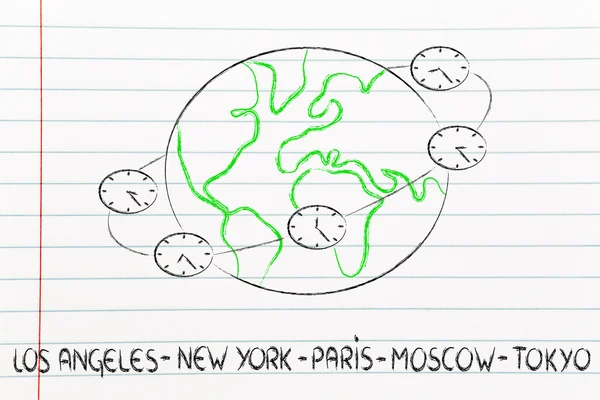 Wereldwijde business en tijdzones: klokken draaien rond de wereld — Stockfoto