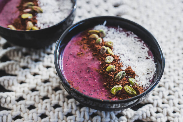 vegan acai pistachio coconut smoothie bowl, healthy plant-based food recipes for summer