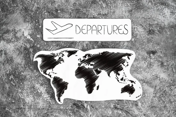 国際旅行の概念図空港出発サインのある世界地図 — ストック写真