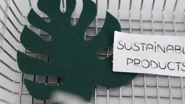 环保意识和消费者行为概念形象 可持续产品文本与热带绿皮购物篮 — 图库视频影像