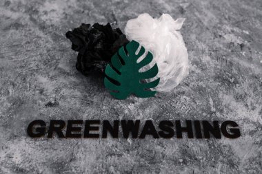 yeşil çamaşır ve sürdürülebilir kavramsal görüntü gibi davranan şirketler, altında yazı olan plastik atıkların yanında kağıt yaprak