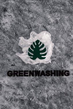 yeşil çamaşır ve sürdürülebilir kavramsal görüntü gibi davranan şirketler, altında yazı olan plastik atıkların yanında kağıt yaprak