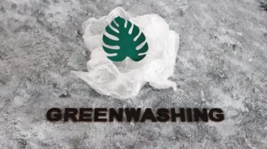 yeşil çamaşır ve sürdürülebilir kavramsal görüntü gibi davranan şirketler, altında yazı olan plastik atıkların yanında kağıt yaprak