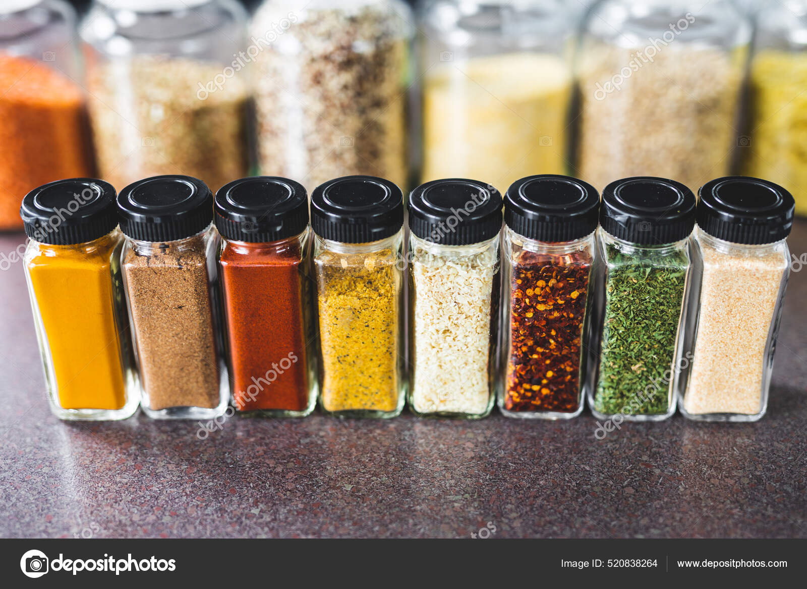 Spices Grains Matching Spice Jars Kitchen Counter Simple Vegan Ingredients Stock Photo Faithie 520838264