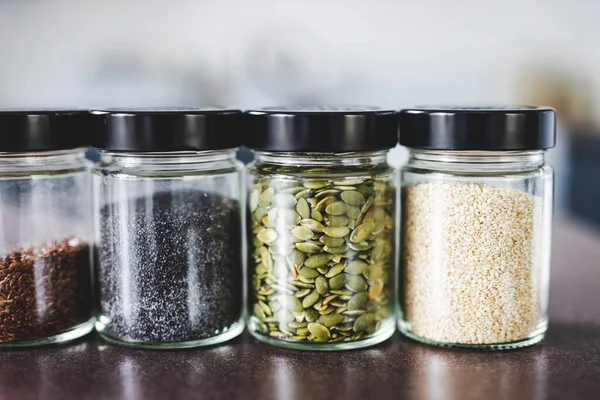 Seeds Including Pumpkin Chia Sesame Flax Matching Spice Jars Kitchen — Stock Photo, Image