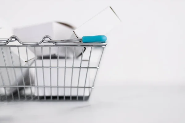 Shopping Add Cart Concept Parcels Different Shapes Piled Shopping Basket — Foto Stock