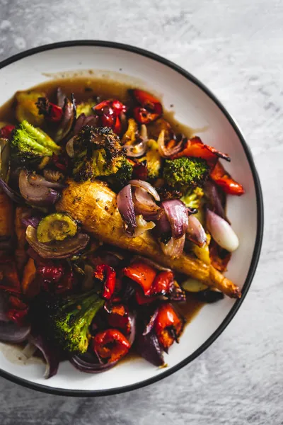 vegan roast with mixed fresh vegetables freshly picked from the garden, healthy plant-based food recipes and locally grown food