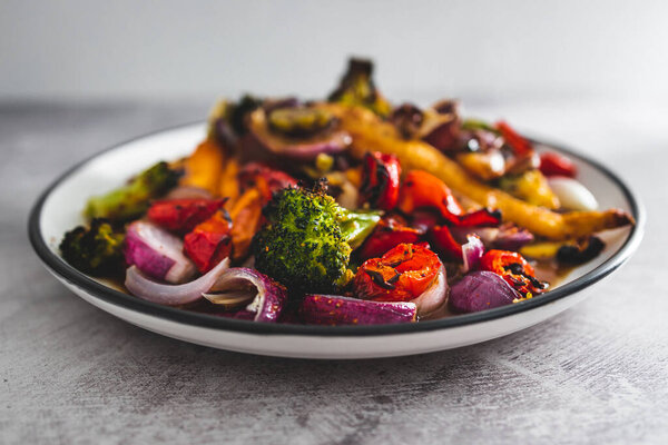 vegan roast with mixed fresh vegetables freshly picked from the garden, healthy plant-based food recipes and locally grown food