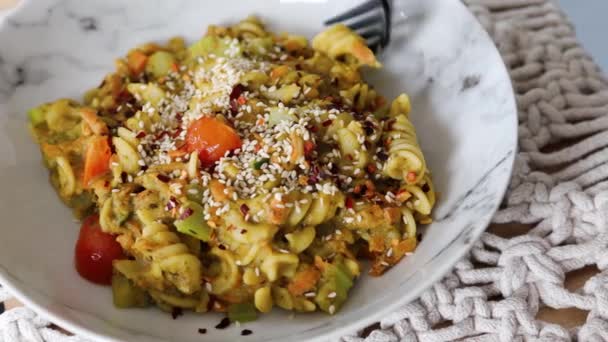 Vegan Pasta Carrots Celeri Fresh Pesto Sauce Healthy Plant Based — Stock Video