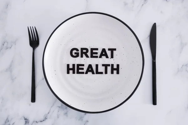 Great Health Text Dining Plate Fork Knife Concept Dieting Healthy — Stock Photo, Image