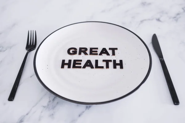 Excellent Texte Sur Santé Dans Une Assiette Manger Avec Fourchette — Photo