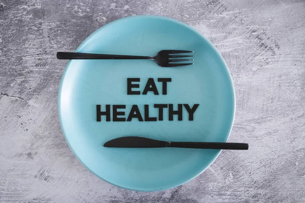 Jeść Zdrowy Tekst Talerzu Widelcem Nożem Koncepcja Diety Zdrowe Odżywianie — Zdjęcie stockowe