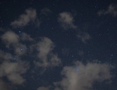 Kıtır gökyüzü ile yıldızlı gece ve bazı bulutlar görünür takımyıldızları ve ön planda ağaçlar