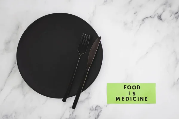 Food Medicine Texte Sur Plaque Manger Avec Fourchette Couteau Concept — Photo