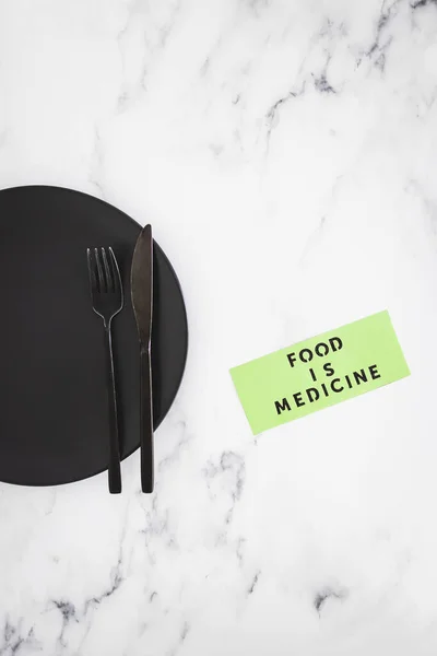 Food Medicine Texte Sur Plaque Manger Avec Fourchette Couteau Concept — Photo