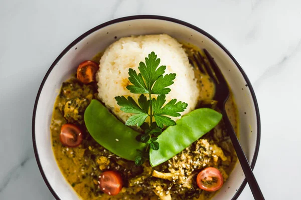 Curry Vert Thaï Végétalien Riz Légumes Mélangés Recettes Alimentaires Saines — Photo