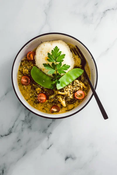 Vegan Thai Green Curry Rice Mixed Vegetables Healthy Plant Based — Stockfoto