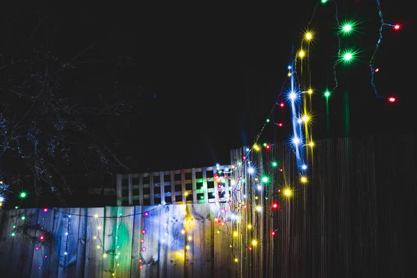 Kolorowe Christmas Fairy Lights Outdoor Wiszące Drzewach Ogródku Nocy Australii — Zdjęcie stockowe