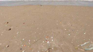 Sahilde terk edilmiş tek kullanımlık cerrahi maske kısmen sahile yakın kumla kaplı, covid-10 salgın hastalıkları ve çöp sorunları kavramı