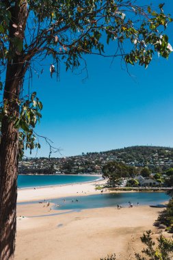 KINGSTON BEACH, TASMANIA - 30 Ocak 2022: Kingston Sahili 'ndeki Pasifik Okyanusu' nun güzel manzarası, Güney Tazmanya 'da Alum Cliffs pisti boyunca yapılan yürüyüş sırasında geniş bir yerli bitki örtüsüyle çevrili.