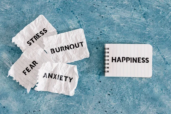 Happiness text on notepad with Fear Anxiety Stress and Burnout words on torn scrunched up pages, psychology and omental health concept