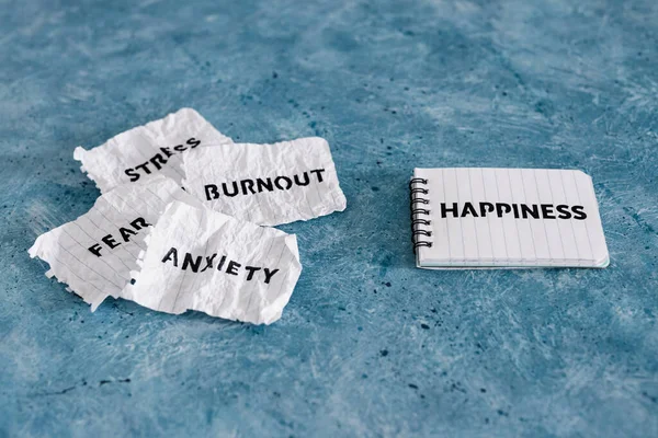 Happiness Text Notepad Fear Anxiety Stress Burnout Words Torn Scrunched — Stock Photo, Image