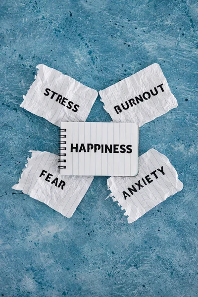 Šťastný Text Notepadu Strachem Úzkost Stres Vypálit Slova Roztrhaných Seškrábaných — Stock fotografie