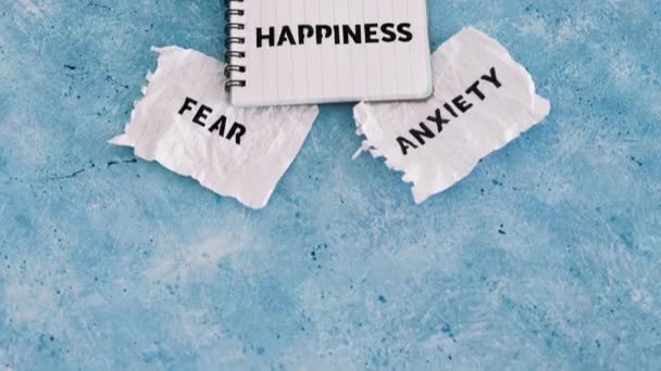 Happiness Text Notepad Fear Anxiety Stress Burnout Words Torn Scrunched — Stock Video