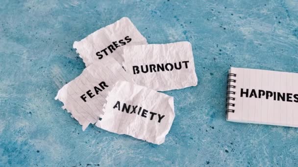 Happiness Text Notepad Fear Anxiety Stress Burnout Words Torn Scrunched — Stock Video
