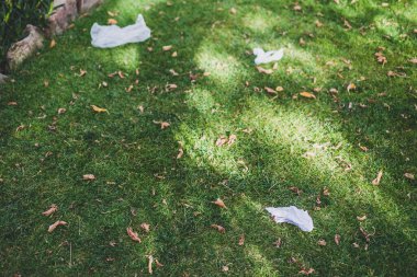 Plastik torbalar ve çöpler yeşil çimlerde terk edilmiş, çevreye saygı duyma ve tek kullanımlık plastikten kaçınma kavramı