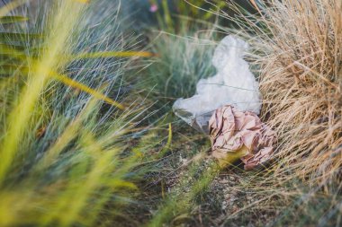 Plastik torbalar ve çöpler doğada terk edilmiş güzel bitkiler arasında, çevreye saygı duyma ve tek kullanımlık plastikten kaçınma kavramı