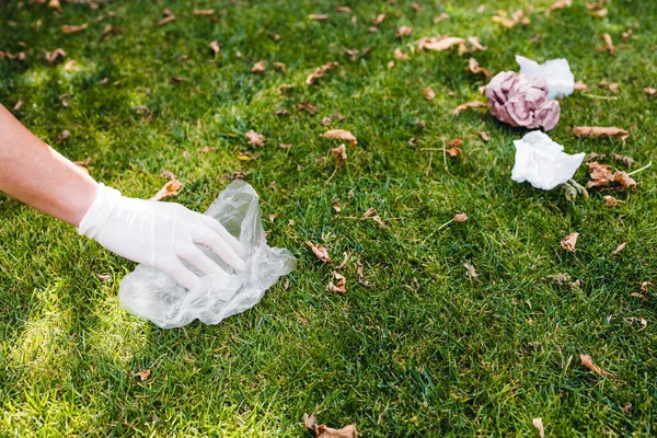 Parktaki yeşil çimlerden plastik torbalar ve ambalajlar almak, temizlik ve çevreye saygı kavramı