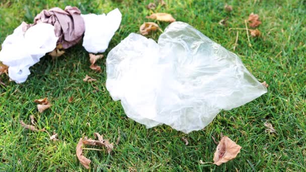 Mão Agarrando Sacos Plástico Invólucros Gramado Verde Parque Conceito Limpeza — Vídeo de Stock