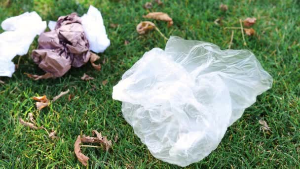 Plastpåsar Och Skräp Överges Grön Gräsmatta Begreppet Respekt För Miljön — Stockvideo