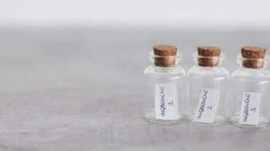 small apothecary style bottles with ingredients labels, concept of natural beauty and organic ingredients in skincare